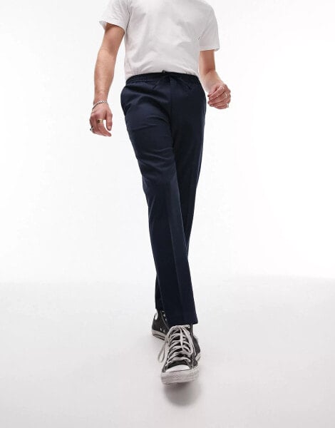 Topman skinny smart trousers with elasticated waistband in navy