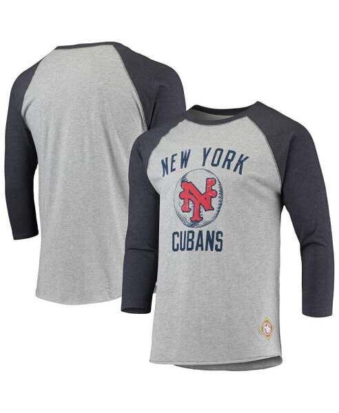 Men's Heather Gray, Navy New York Cubans Negro League Wordmark Raglan 3/4 Sleeve T-shirt