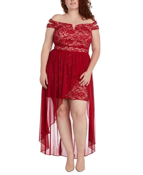 Платье от бренда Morgan & Company, модель Trendy Plus Size Lace Off-The-Shoulder.