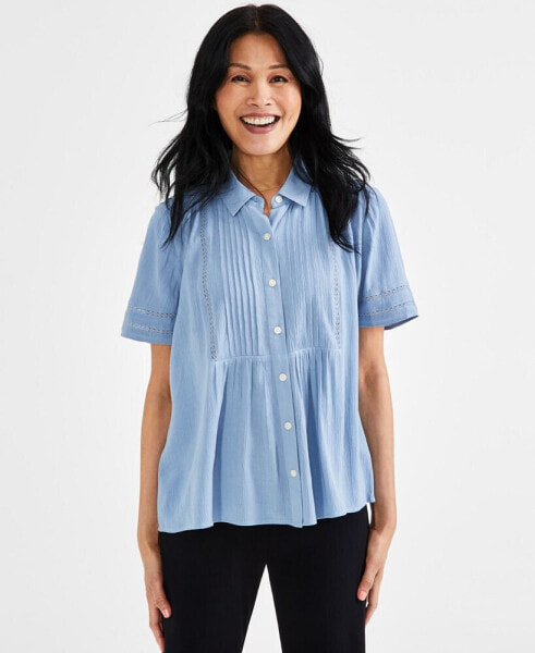 Petite Pintuck Short-Sleeve Button-Front Shirt, Created for Macy's