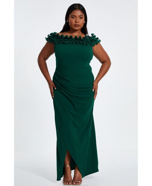 Plus Size Scuba Crepe Ruffle Bardot Maxi Dress