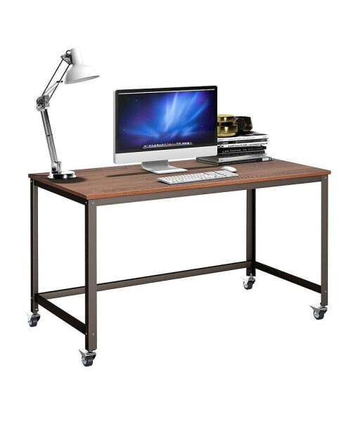 Rolling Computer Desk Metal Frame PC Laptop Table Wood