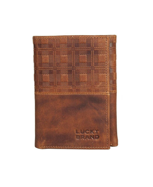 Men's Plaid Embossed Leather Trifold Wallet