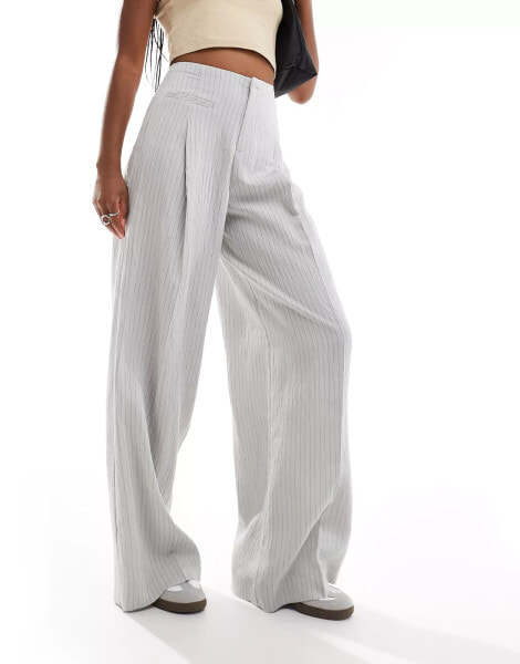 Bershka high waisted wide leg tailored trousers in light grey stripe