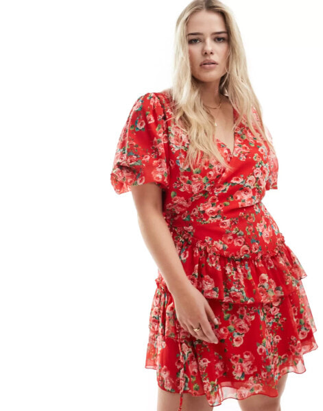 In The Style Plus chiffon frill wrap mini dress in rose floral print