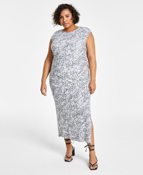 Trendy Plus Size Printed Sleeveless Ruched-Side Midi Dress, Created for Macy's