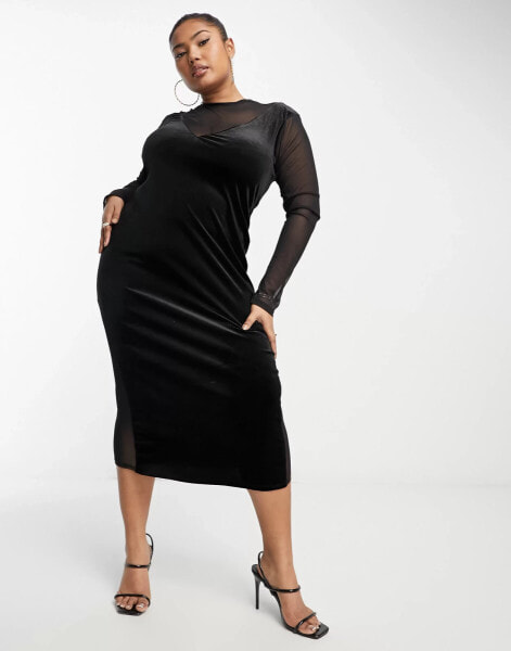 River Island Plus long sleeve velvet midi dress in black