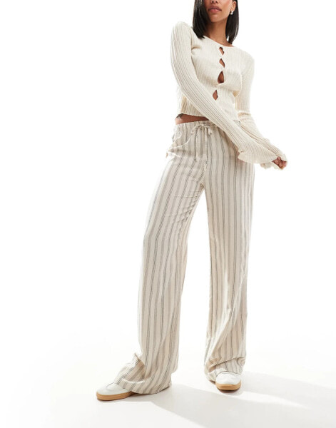 Pull&Bear striped wide leg trousers in ecru