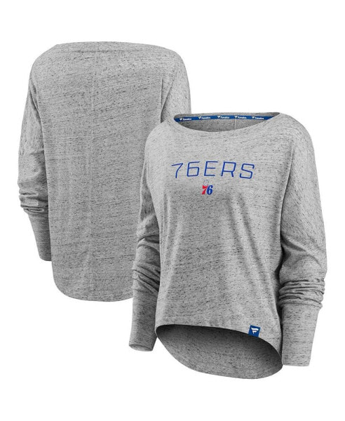 Women's Heathered Gray Philadelphia 76ers Nostalgia Off-The-Shoulder Long Sleeve T-shirt