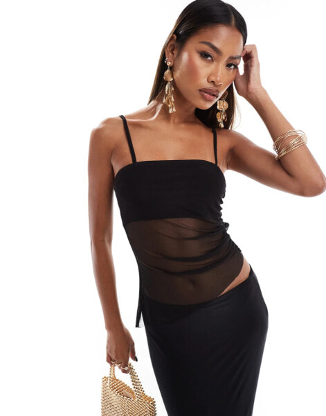 ASOS DESIGN co-ord slinky cami asymmetric top with mesh overlay in black