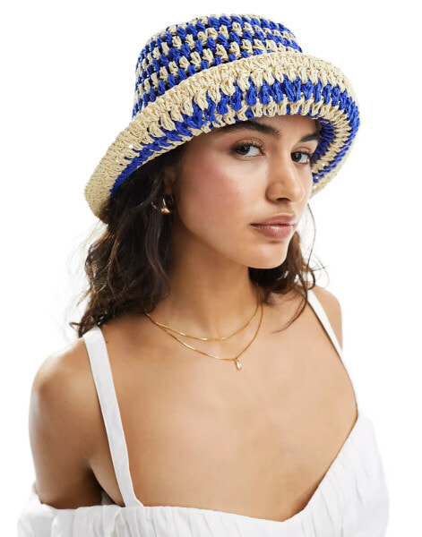 & Other Stories straw bucket hat in blue and beige