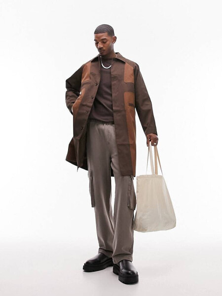 Topman deconstructed mac with contrast panel in brown