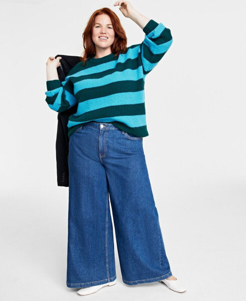 Plus Size Crewneck Striped Shaker Sweater, Created for Macy's