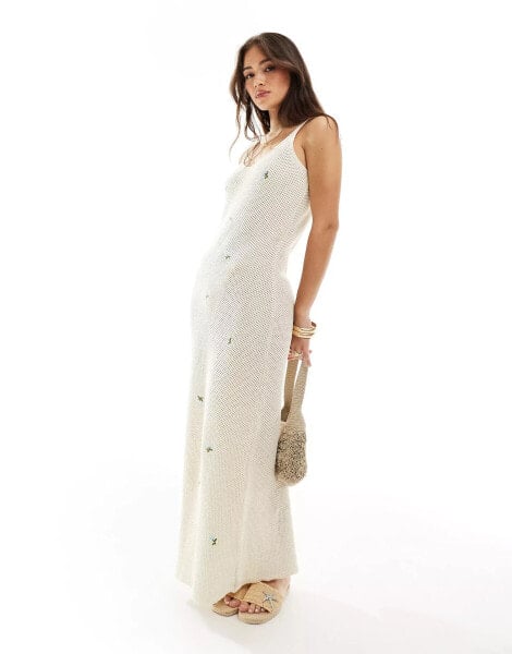 YAS knitted cami maxi dress with floral embroidery in white - WHITE