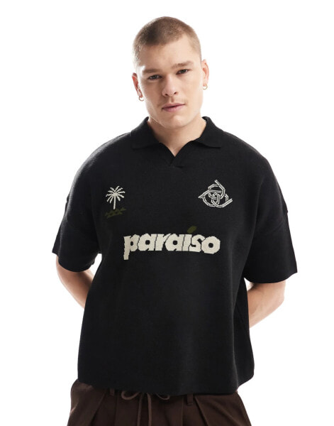 ASOS DESIGN knitted oversized boxy polo with paraiso chest print in black