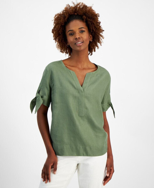 Women's 100% Linen Split-Neck Tie-Cuff Top, Created for Macy's