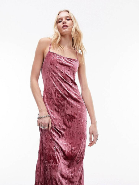 Topshop crushed velvet bias maxi slip in pink