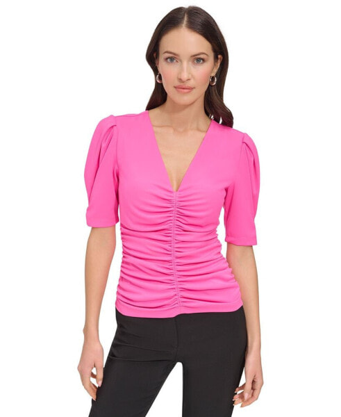 Women's V-Neck Ruched Knit Elbow-Sleeve Top