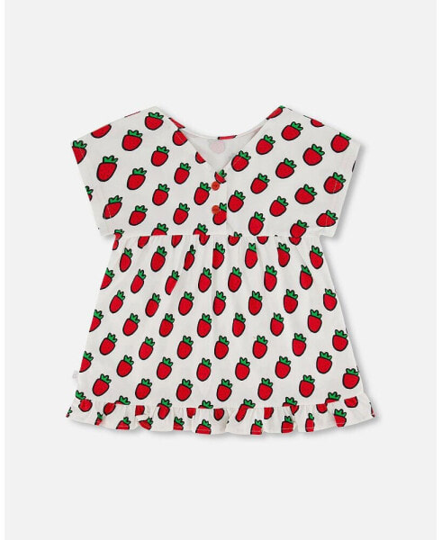 Girl Organic Cotton Long Top With Frill White Printed Pop Strawberry - Child