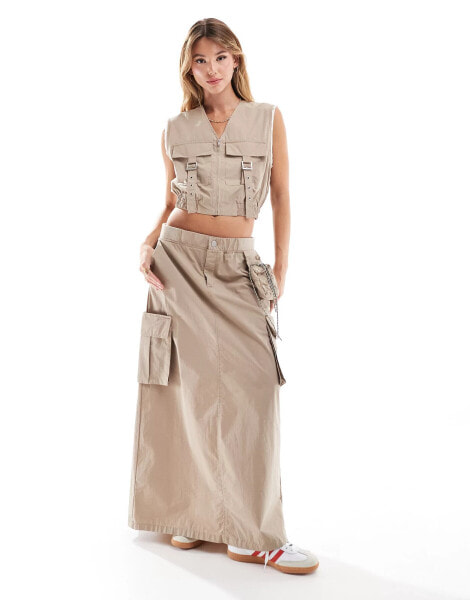 Mango drawstring waist utility midi co-ord skirt in brown