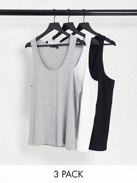 ASOS DESIGN 3 pack vest with scoop neck in grey marl, navy and white