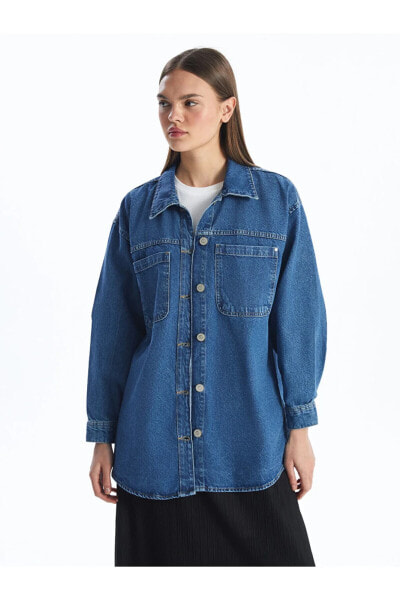 Gömlek Yaka Düz Uzun Kollu Kadın Jean Ceket