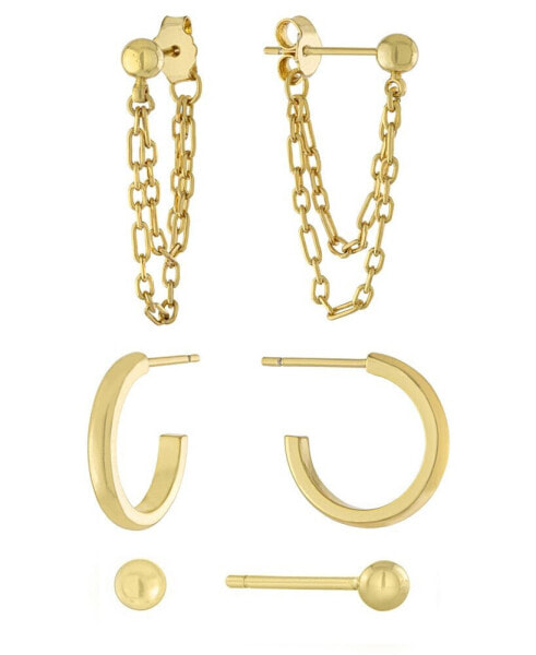 3pc Post Ball, Hoop and Chain Earring Set in Gold or Silver Plated