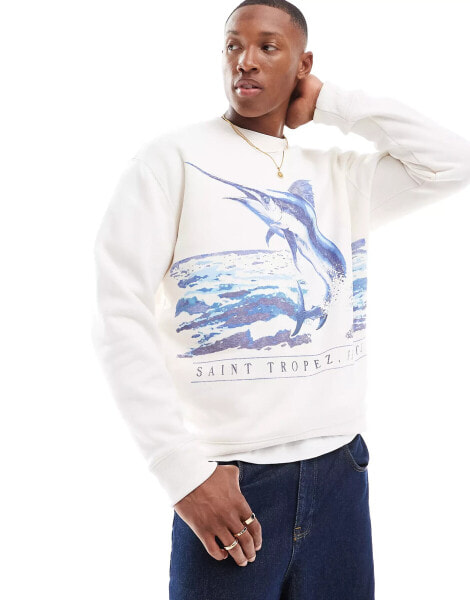 Hollister Saint Tropez nautical print sweatshirt relaxed fit in white