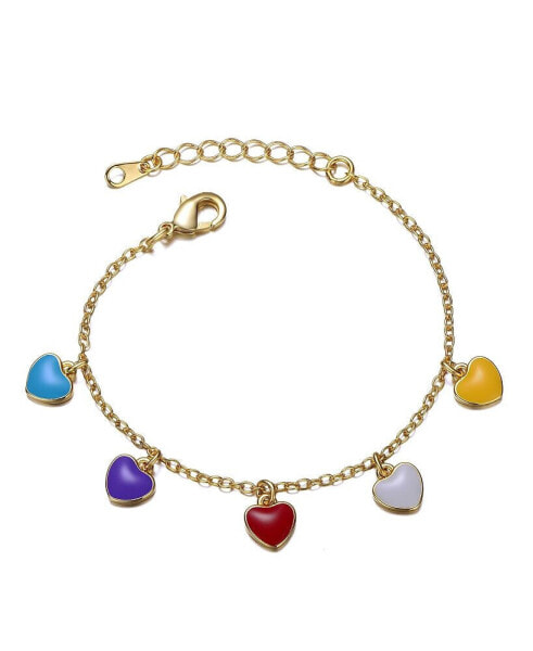 14k Yellow Gold Plated Adjustable Bracelet with Multi-Colored Enameled Heart Charms for Toddler/Kids