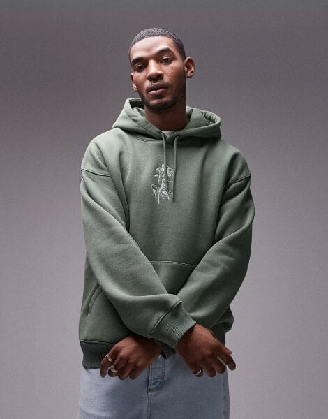 Topman oversized fit hoodie with floral embroidery in washed green