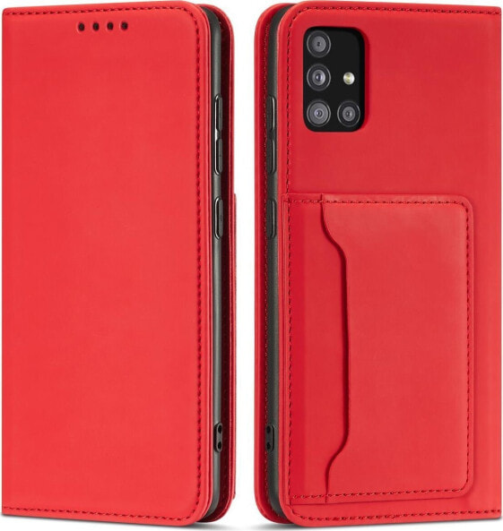 Hurtel Magnet Card Case etui do Samsung Galaxy A12 5G pokrowiec portfel na karty kartę podstawka czerwony