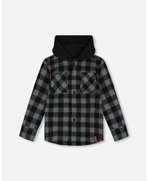 Big Boys Polar Fleece Shirt With Hood Black Plaid