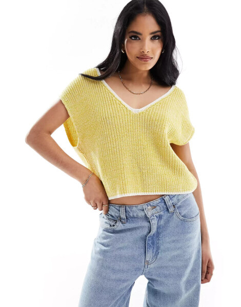 ASOS DESIGN tipped v neck tank in twist yarn in yellow