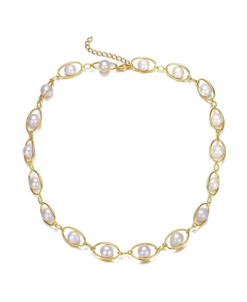 Sterling Silver 14K Gold Plated Genuine Freshwater Pearl and Cubic Zirconia Link Adjustable Necklace