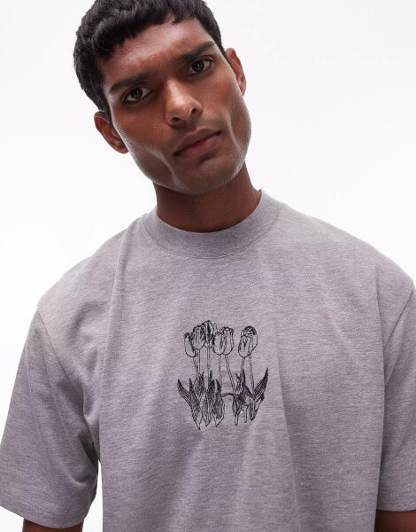 Topman oversized fit t-shirt with tulip embroidery in grey marl