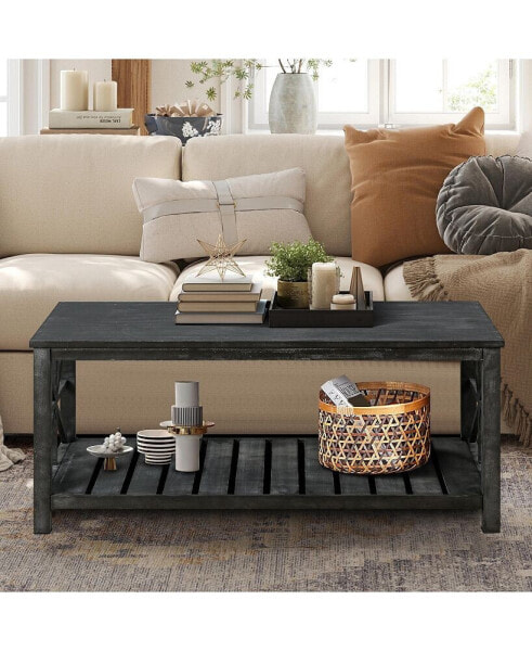 Spacious Antique Coffee Table with Open Shelving for Storage and Display