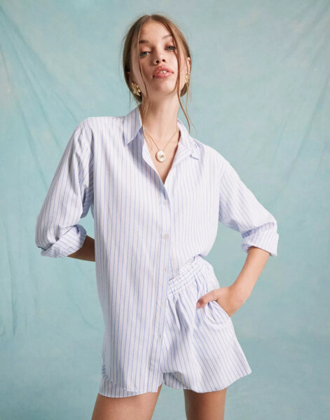 Miss Selfridge poplin oversized shirt in white and blue stripe co ord