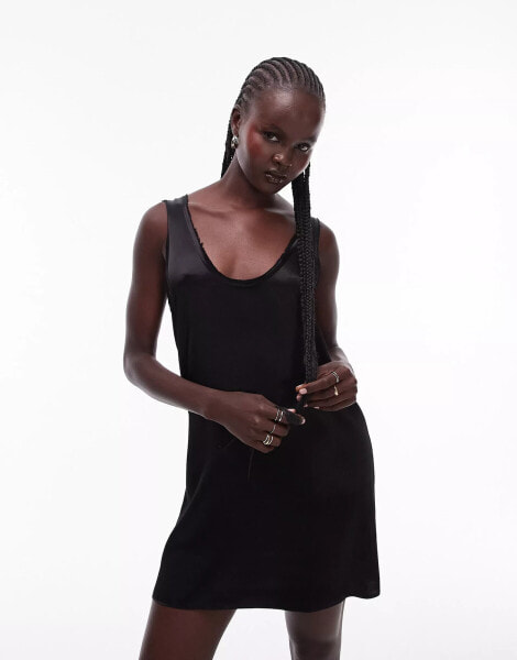 Topshop low v mini dress with raw edge in black