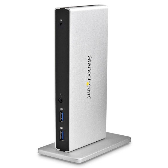 StarTech.com Dual-Monitor USB 3.0 Docking Station with DVI and Vertical Stand - Wired - USB 3.2 Gen 1 (3.1 Gen 1) Type-B - 3.5 mm - 10,100,1000 Mbit/s - IEEE 802.3 - IEEE 802.3ab - IEEE 802.3u - Black - Silver