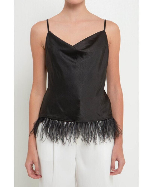 Women's Satin Cowl Neck Top with Feather