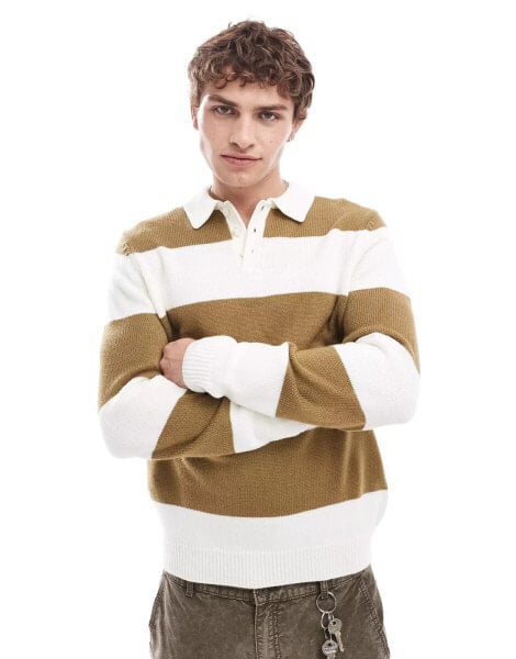 ASOS DESIGN knitted rugby polo in ecru and khaki stripe