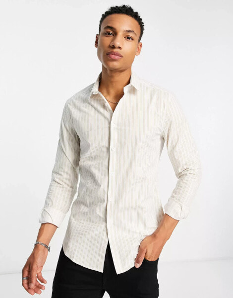 ASOS DESIGN slim fit stripe shirt in tan