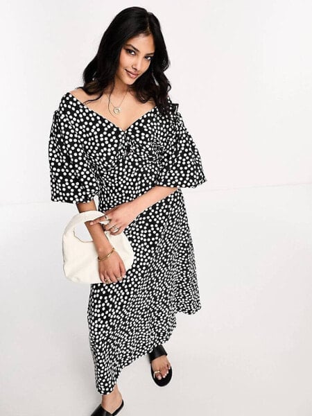 River Island puff sleeve midi dress in black polka dot