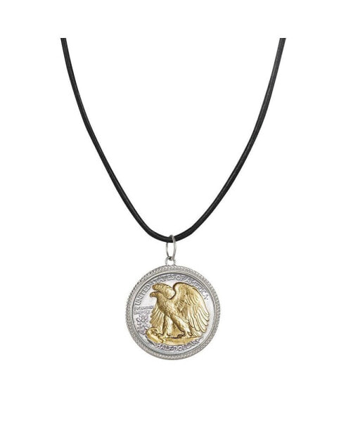 16365 Walking Liberty Silver Half Dollar Pendant with Leather Cord for Men - Reverse 2 Tone Plating