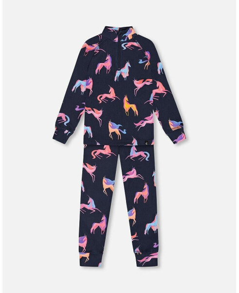 Big Girls Two Piece Thermal Underwear Set Navy Printed Unicorn