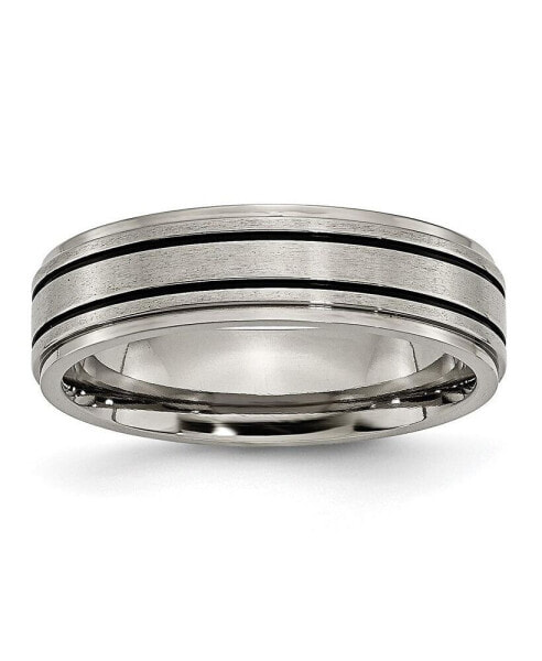 Titanium Brushed Center Black Enamel Ridged Edge Band Ring