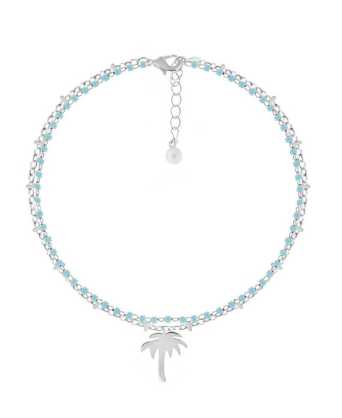 Double Row Turquoise Glass Palm Tree Anklet in Silver Plate