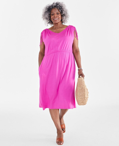 Plus Size V-Neck Shirred-Sleeve Dress, Created for Macy's