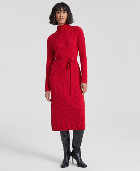 Women's Cashmere Cable-Knit Mock Neck Midi Dress, Created for Macy's