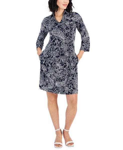 Petite Printed Collared A-Line 34/-Sleeve Dress